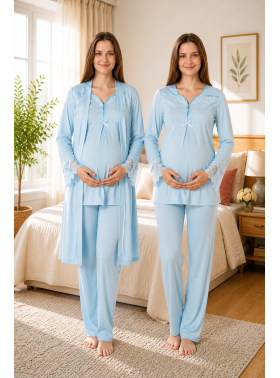 Effortt 4084 Mavi Dantelli Sabahlıklı Lohusa Pijama Takımı